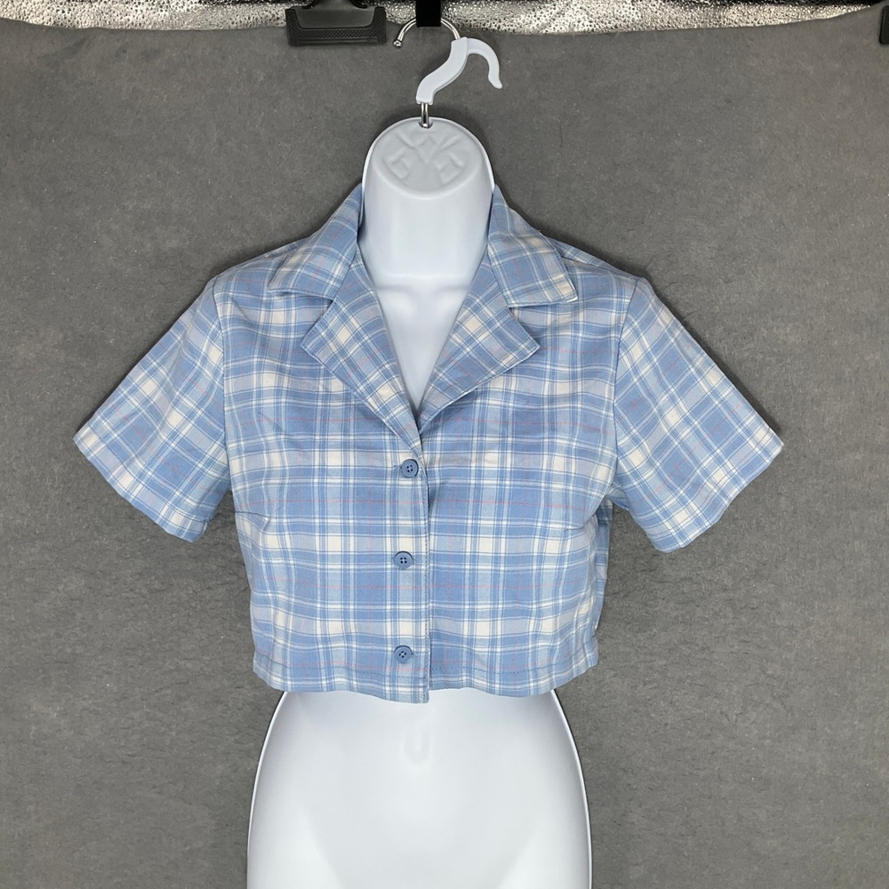 John Galt Plaid Crop Top Shortβ Sleeve Button Up Shirt Casual Blue Size S